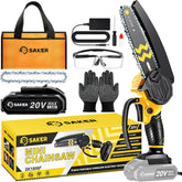 Saker mini chainsaw front view showing compact design and portability benefit