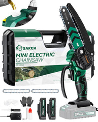 Saker mini chainsaw front view showing compact saw and bar, easy portability benefit