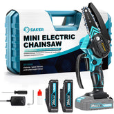 Saker mini chainsaw front view showing compact design and portability benefit