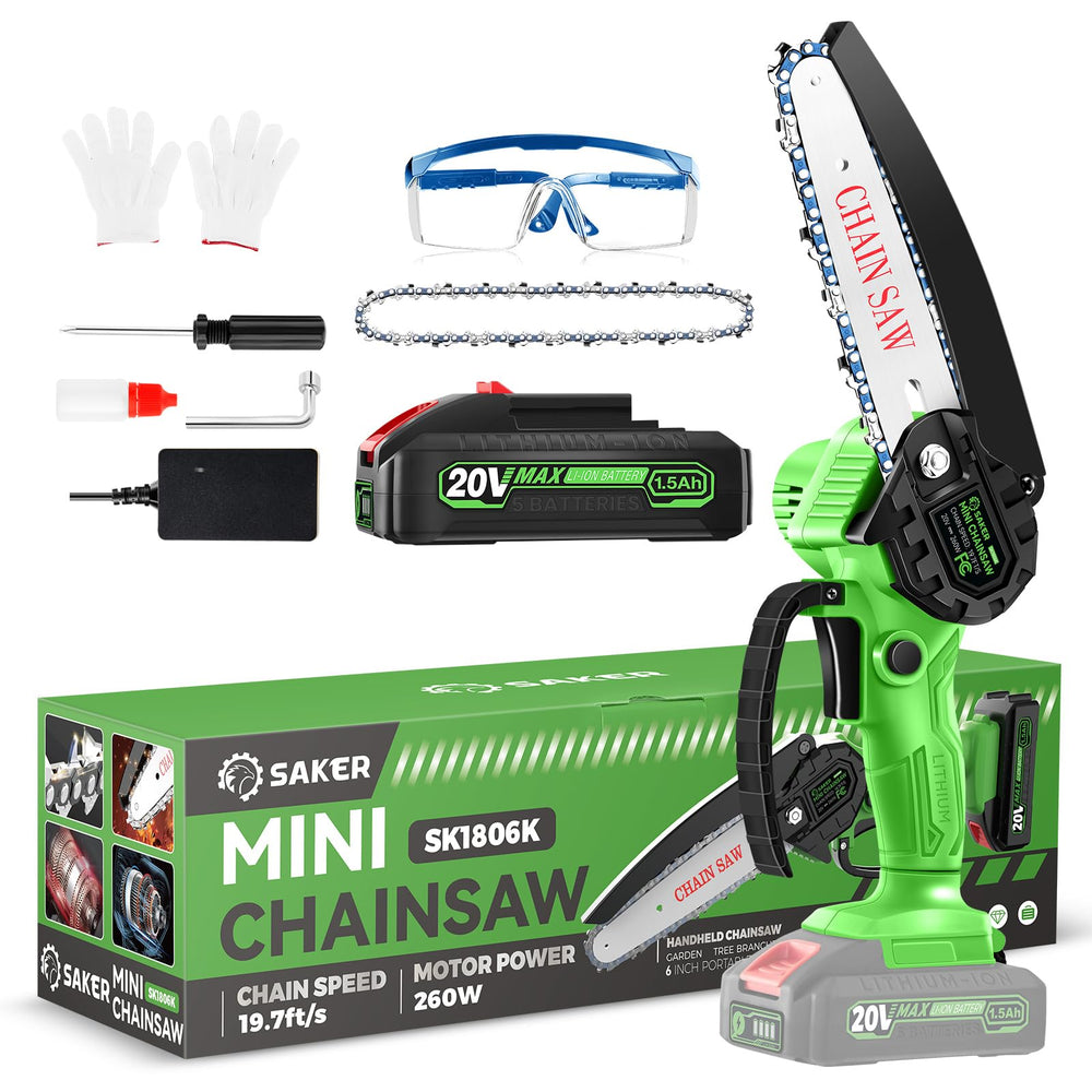 Saker mini chainsaw front view showing compact design and ease of use