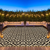 SAND MINE front view of reversible black and beige outdoor rug adds style