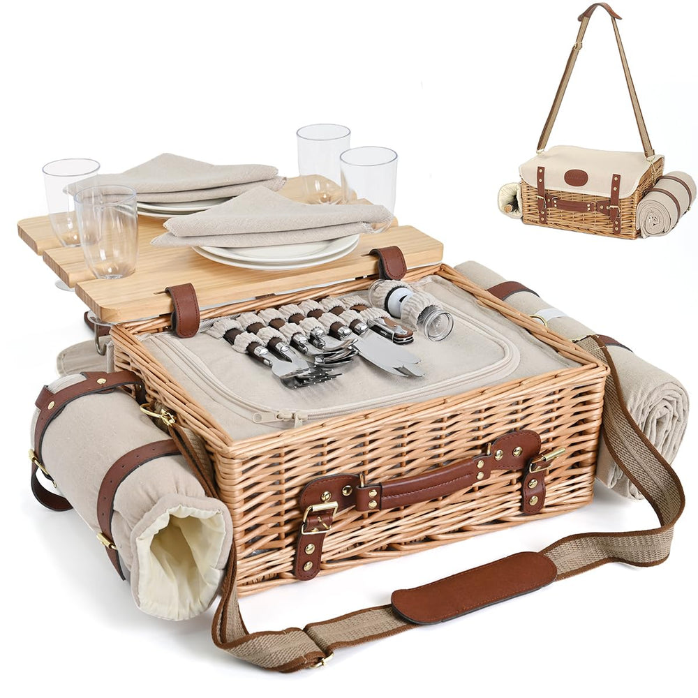 SatisInside front view of packed wicker picnic basket showing compact portability