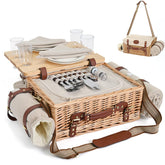 SatisInside front view of packed wicker picnic basket showing compact portability