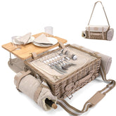 SatisInside front view of wicker picnic basket showing handle and straps, easy transport benefit