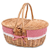 SatisInside front view of checkered wicker basket showing picnic-ready design and portability