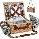 SatisInside front view of wicker picnic basket showing full contents