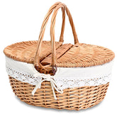 SatisInside front view of wicker picnic basket showing natural finish and lid benefit