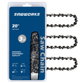 SawWorks 20 inch chain front packaging showing 3-pack and specs, durable replacement