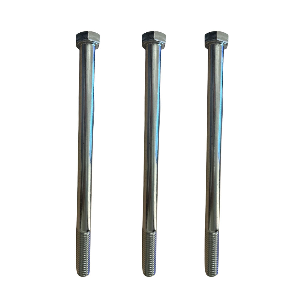Scag front view of three hex-head spindle bolts showing correct fit and OEM packaging