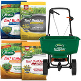 Scotts bundle front packaging showing all seasonal products and spreader benefits