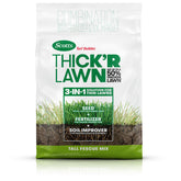 Scotts Thick'R Lawn front packaging showing product and coverage benefits