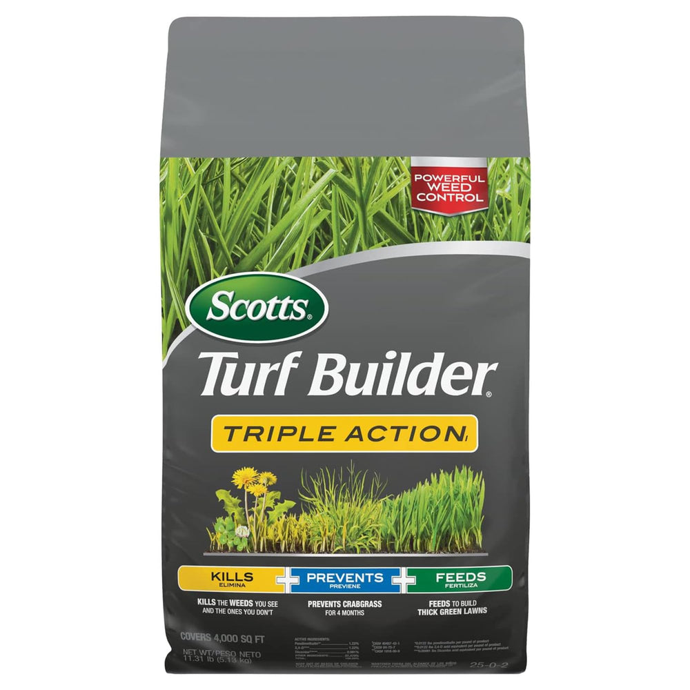 Scotts Triple Action front bag showing product and benefits