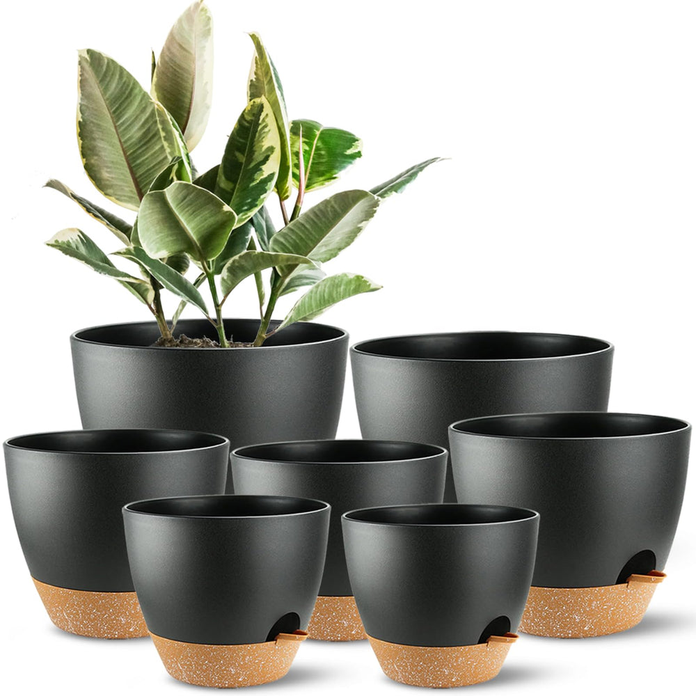 SE SUN-E front view of seven-piece planter set showing sizes and modern black finish benefit easy styling