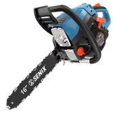 SENIX front view of 16-inch chainsaw showing compact design and bar for efficient cutting