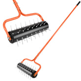 Senjoys aerator front view showing orange U-frame and rolling spikes for fast coverage