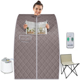 SereneLife front view assembled sauna tent showing full setup and space saving benefits