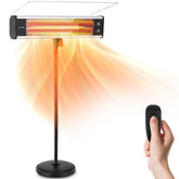 SereneLife front view of patio heater showing controls and benefit quick warmth