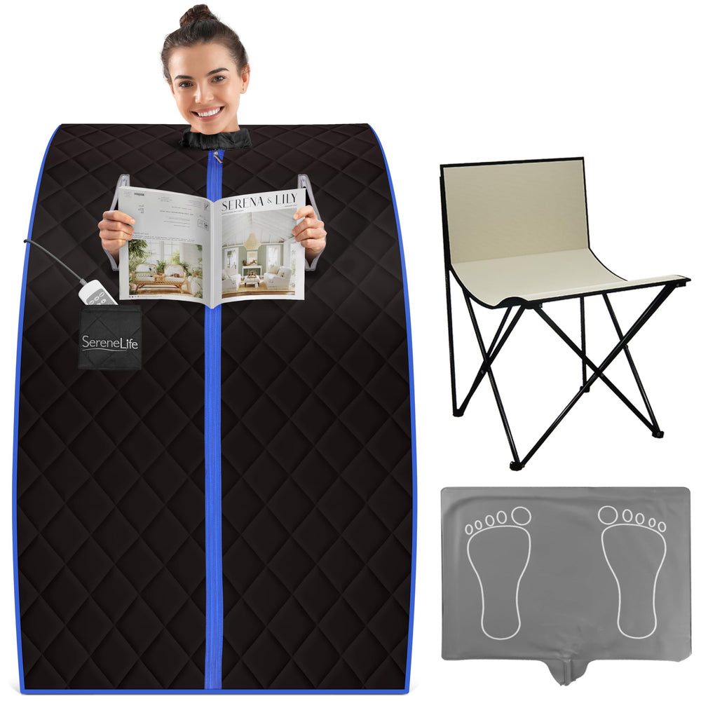 SereneLife front view of portable sauna box showing compact profile and easy entry benefit