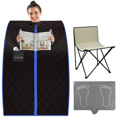SereneLife front view of portable sauna box showing compact profile and easy entry benefit