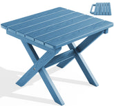 SERWALL front view showing compact navy end table and stable surface benefit