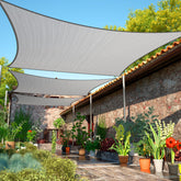 ShadeMart front view of 16x16 grey sail showing full canopy coverage and shade benefit