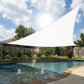 SHADEWIZ front view of white right triangle shade sail showing full canopy benefit