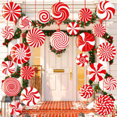 Shappy front view of peppermint ornaments showing colorful double-sided design and outdoor use benefit