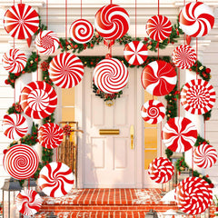 Shappy front view of peppermint ornaments showing colorful double-sided design and outdoor use benefit