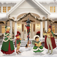 Shellwei front group view showing all five caroler signs and stakes for instant holiday curb appeal