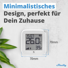 Shelly H&T Gen3 e‑paper display closeup showing readable humidity and temperature for quick checks