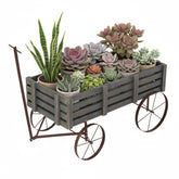 Shine Company front view of gray cedar wagon planter showing rustic appeal and curbside display benefit