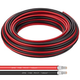 Shirbly front view of 50ft red and black PV cable pair showing clear polarity labels and durable jacket