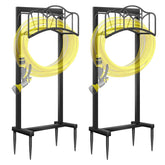 Shomextol front view of both freestanding hose holders showing clean garden storage benefit
