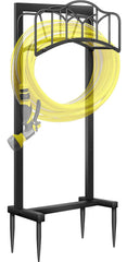 Shomextol front view of decorative hose holder showing neat hose storage and curb appeal