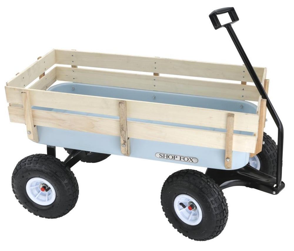 Shop Fox D3244 front view showing sturdy steel box and wooden sides for durable hauling