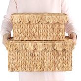 SIEUSALEVN front view of two lidded hyacinth baskets showing tidy storage