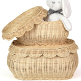 SIEUSALEVN front view of two scalloped lidded rattan baskets showing decorative storage benefit