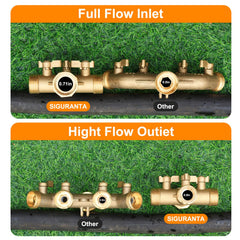 SIGURANTA installed on a garden spigot feeding three hoses, enabling simultaneous watering tasks