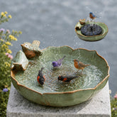 SiliFine front view of ceramic bird bath showing bowl and fountain benefits