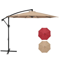 Simple Deluxe front view showing tan 10ft cantilever umbrella providing large shaded area