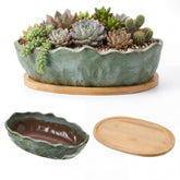 Singhoow planter front view showing green ceramic and bamboo tray protect surfaces