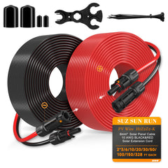 SJZ SUN RUN front packaging showing red and black 150ft cables and connectors, clear product ID and benefit
