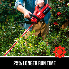 SKIL hedge trimmer with PWR CORE 40 battery installed showing extended runtime