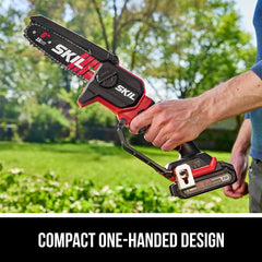 SKIL PWR CORE 20 close-up of chain and bar highlighting tool-free tensioning benefit