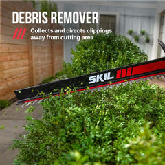SKIL hedge trimmer cutting a tall hedge demonstrating fast cordless performance