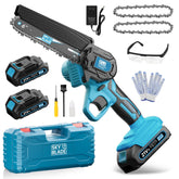 SkyBlade front view blue mini chainsaw showing compact design and portability