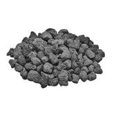 Skyflame front of bag showing 10lb natural lava rocks and clear packaging benefit durable supply
