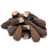 Skyflame front view showing the ten-piece ceramic log and pine cone set, enhances hearth realism