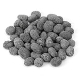 Skyflame front view of bagged lava pebbles showing uniform tumbled stones and durable packaging benefit