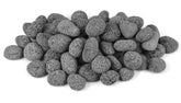 Skyflame front view showing natural tumbled lava stones and product packaging benefit durability